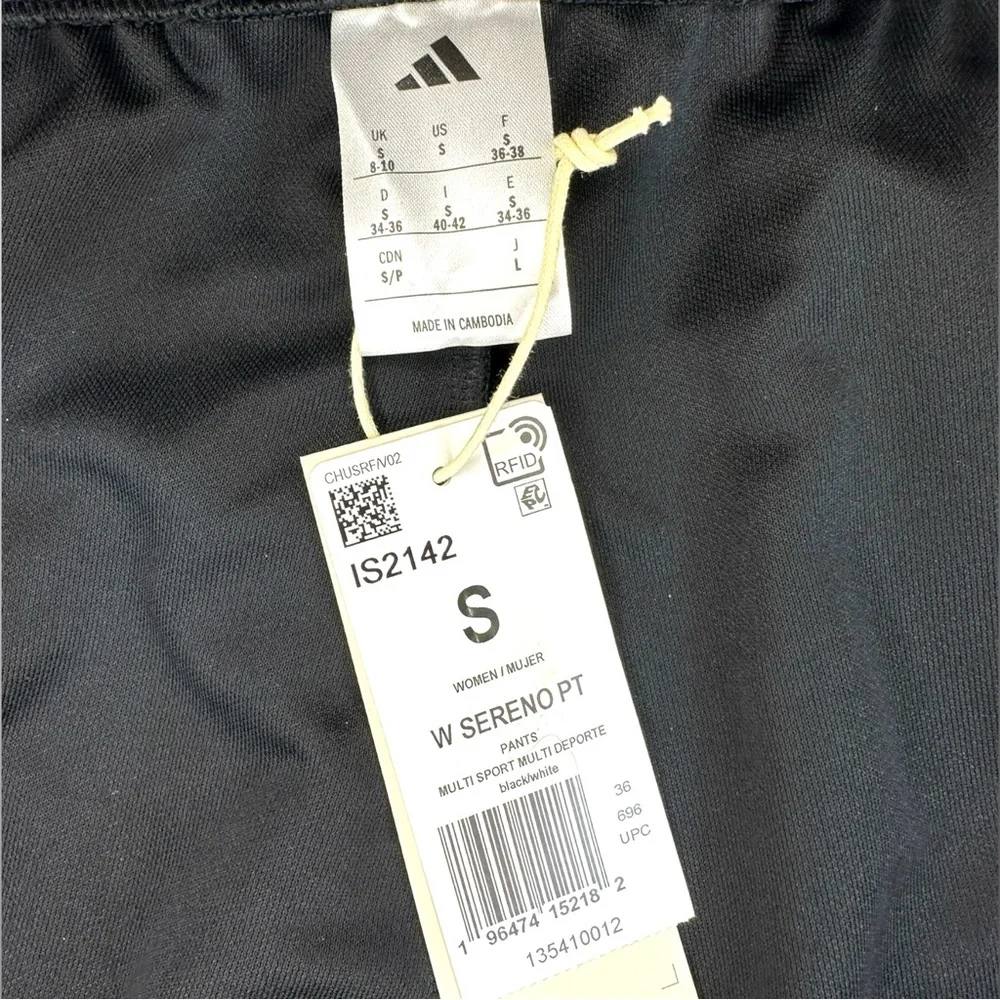 adidas Black Track Pants White Stripes Sz S NWT Sereno Joggers Zip Pockets logo - Picture 7 of 12